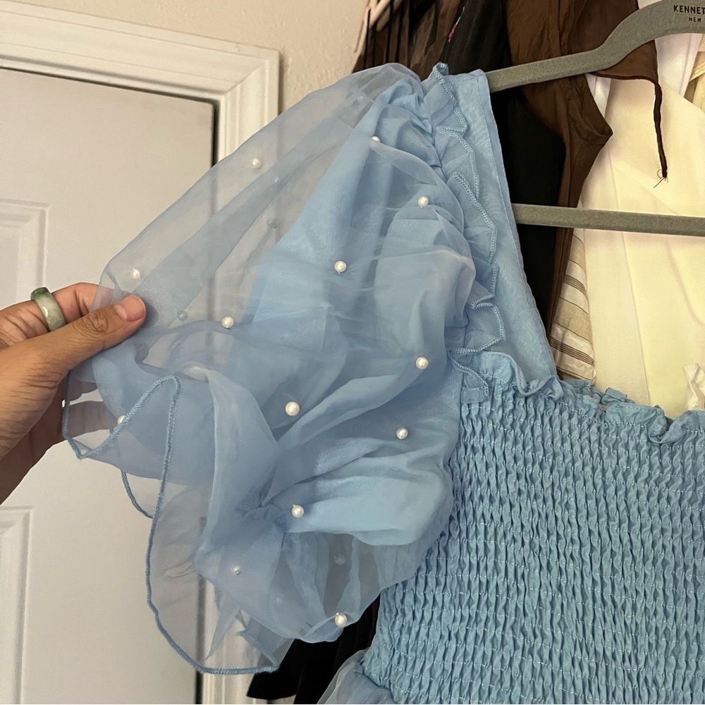 Sister Jane Powder Blue Tulle Mini Dress with Puff Sleeves - Picture 2 of 6